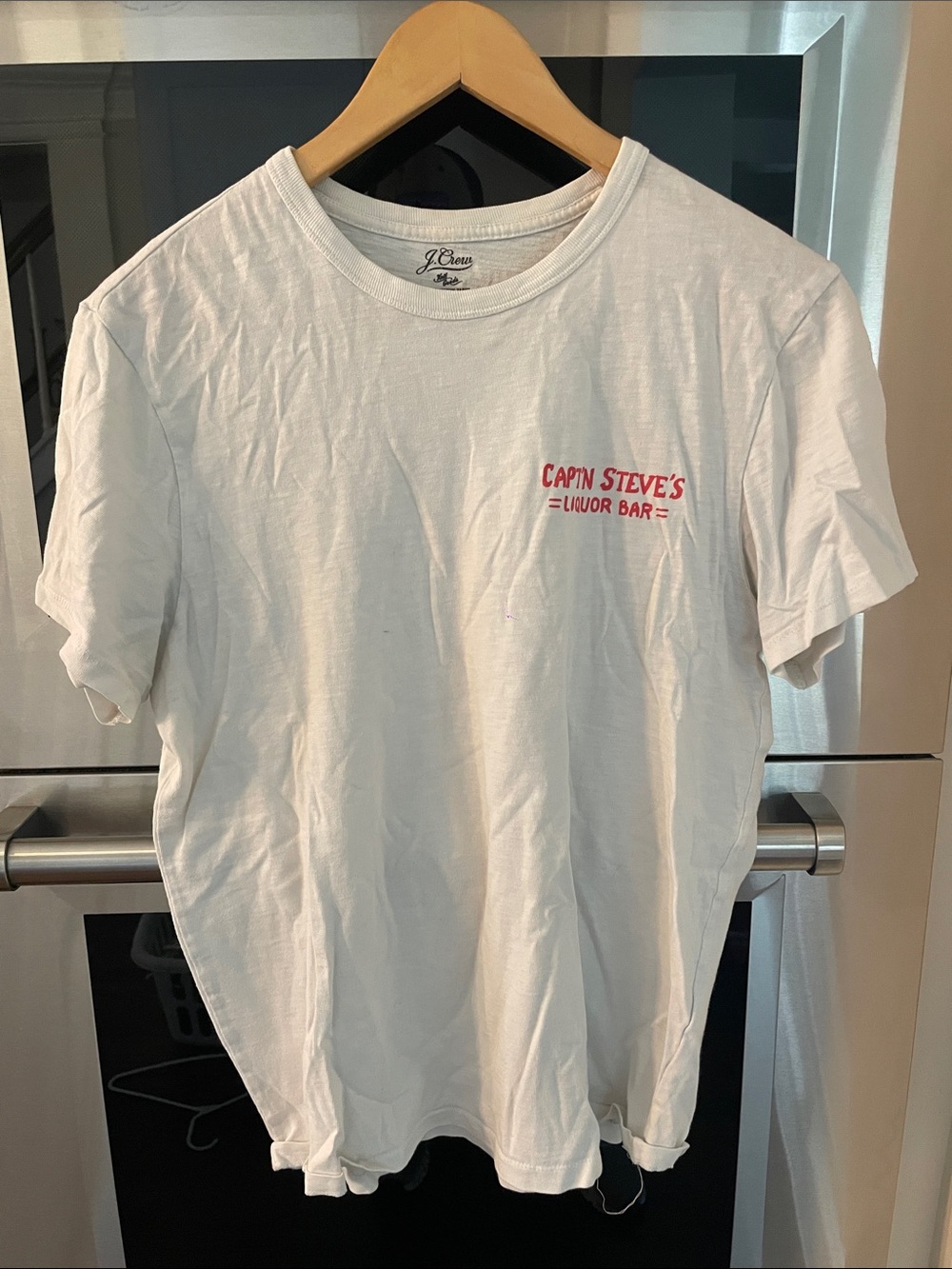 J. Crew White Short Sleeve Tee with Red 'Cap'n Steve's Liquor Bar' Print